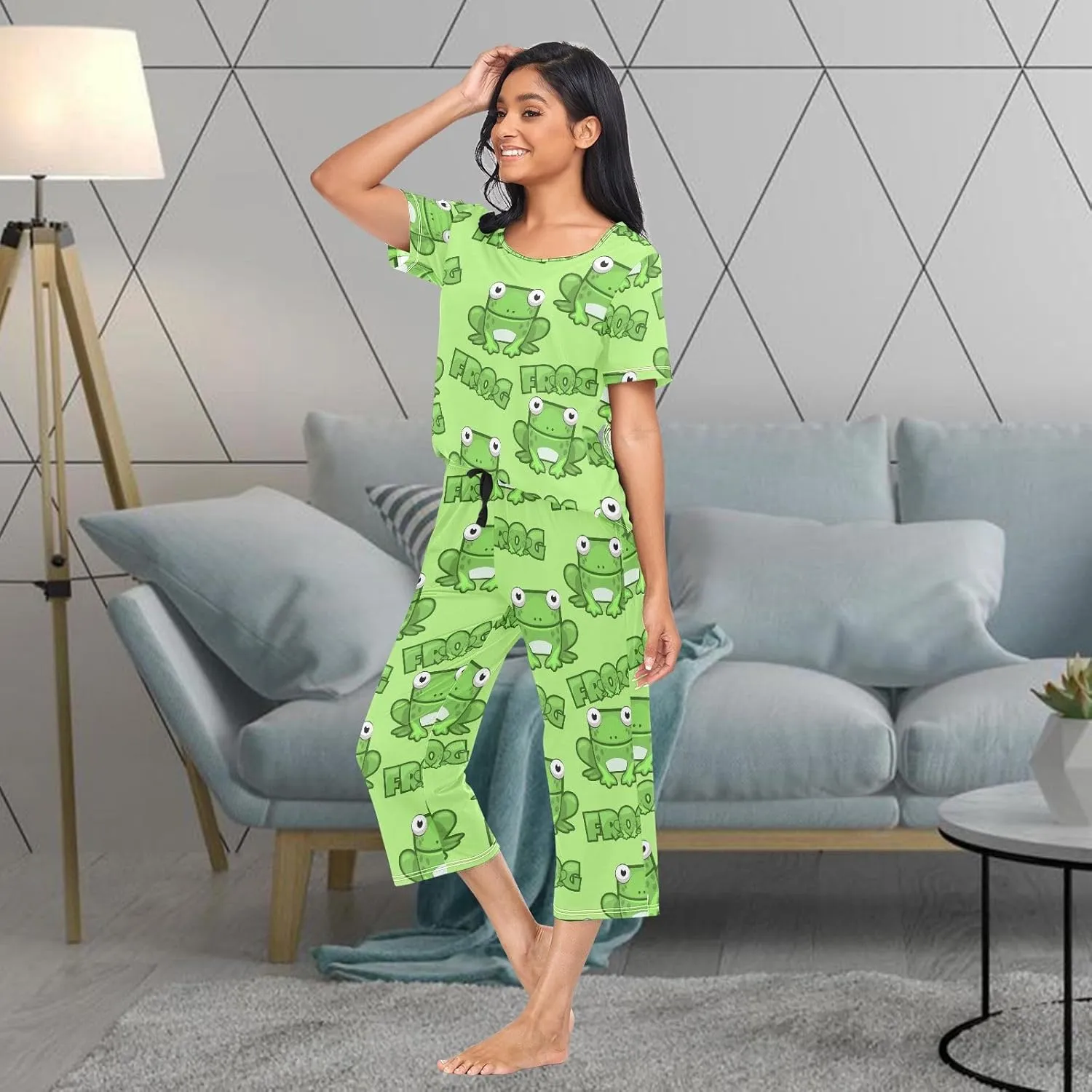 Women's Comfy Chic 2 Pcs Loungewear Set,Casual Sleepwear Short Sleeve Tops & Capri Pants PJs Set with Pockets S-XXL