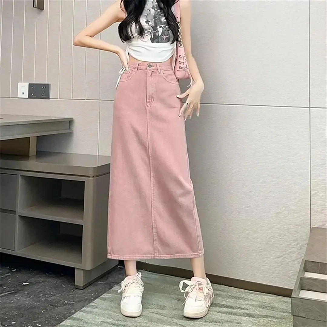 Women's Cotton Denim Shorts High-Waisted Slit Retro Elegant Casual Denim Long Skirt