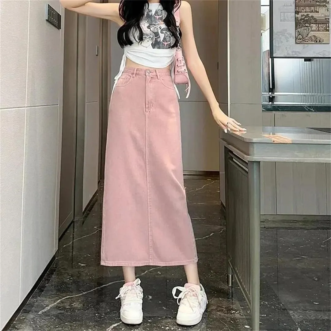 Women's Cotton Denim Shorts High-Waisted Slit Retro Elegant Casual Denim Long Skirt