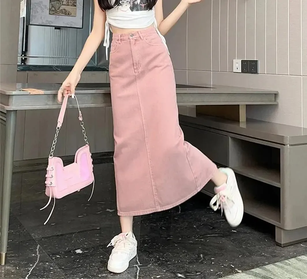 Women's Cotton Denim Shorts High-Waisted Slit Retro Elegant Casual Denim Long Skirt