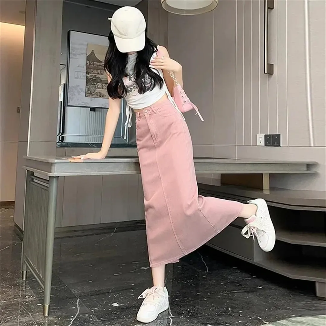 Women's Cotton Denim Shorts High-Waisted Slit Retro Elegant Casual Denim Long Skirt
