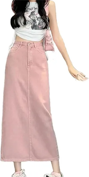 Women's Cotton Denim Shorts High-Waisted Slit Retro Elegant Casual Denim Long Skirt