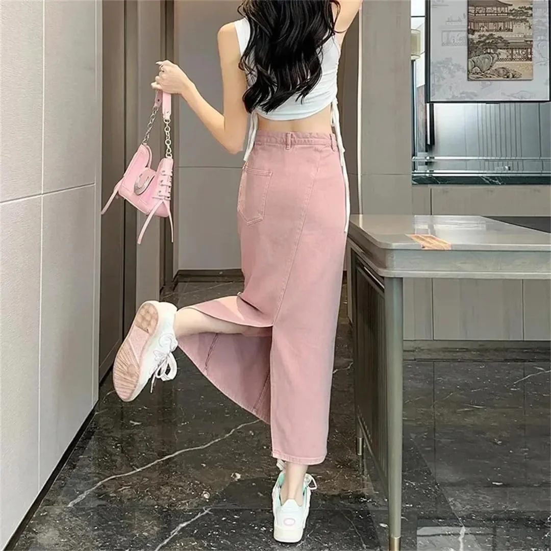 Women's Cotton Denim Shorts High-Waisted Slit Retro Elegant Casual Denim Long Skirt