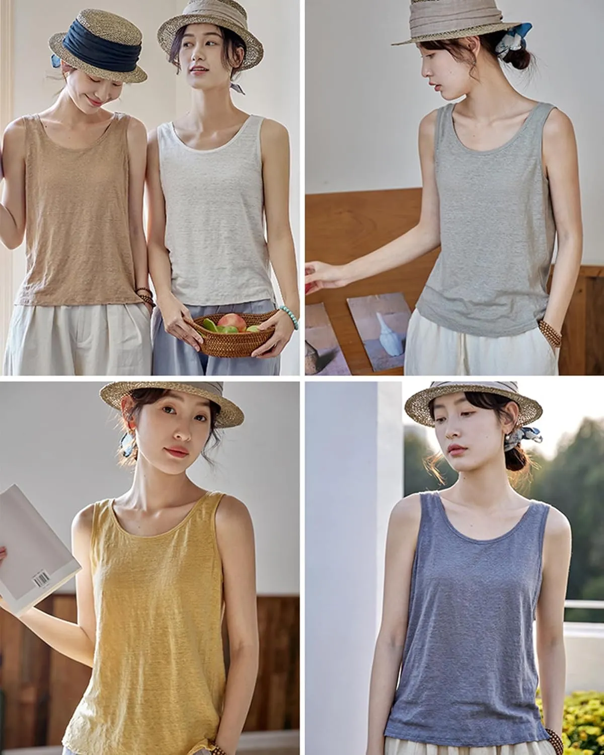 Women's Cotton Linen Camisole Tank Top Breathable T-Shirt Blouse Tank Summer Sleeveless Shirts