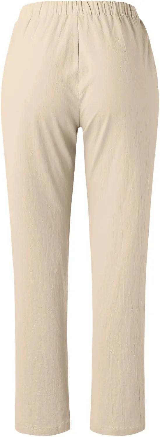 Women's Cotton Linen Pants Lightweight Quick Dry Palazzo Pants Casual Elastic Waist Lounge Crop Pants Trousers Pocket