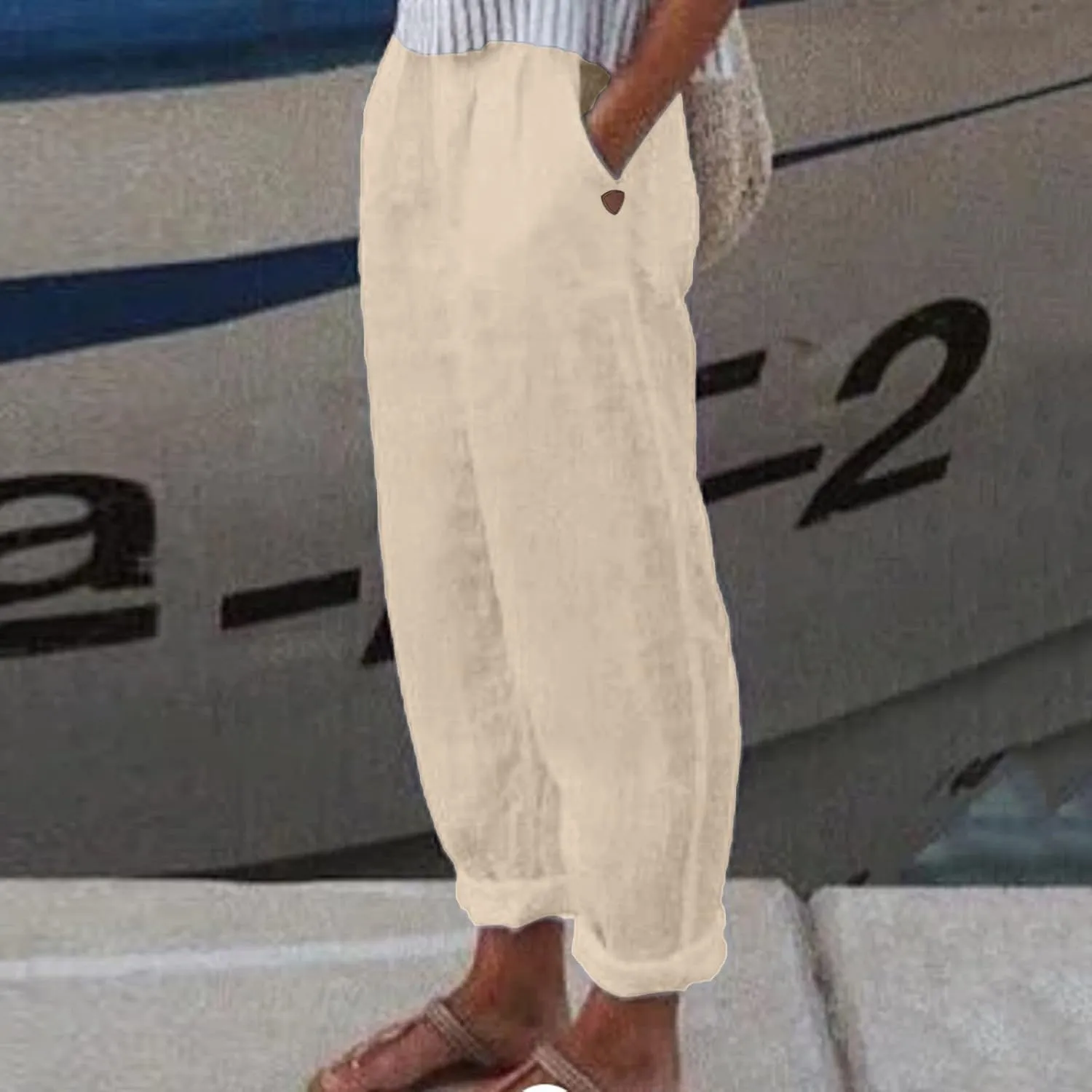 Women's Cotton Linen Pants Lightweight Quick Dry Palazzo Pants Casual Elastic Waist Lounge Crop Pants Trousers Pocket