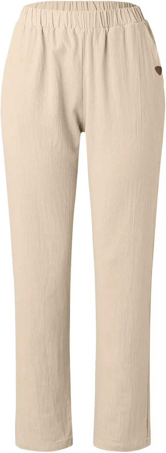 Women's Cotton Linen Pants Lightweight Quick Dry Palazzo Pants Casual Elastic Waist Lounge Crop Pants Trousers Pocket