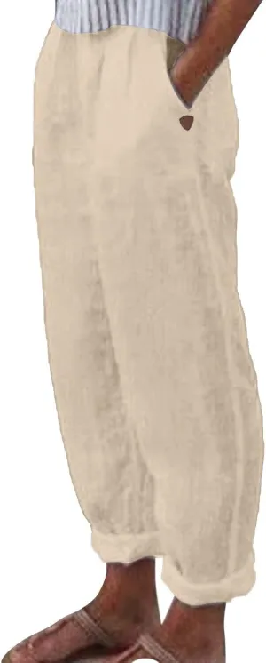 Women's Cotton Linen Pants Lightweight Quick Dry Palazzo Pants Casual Elastic Waist Lounge Crop Pants Trousers Pocket