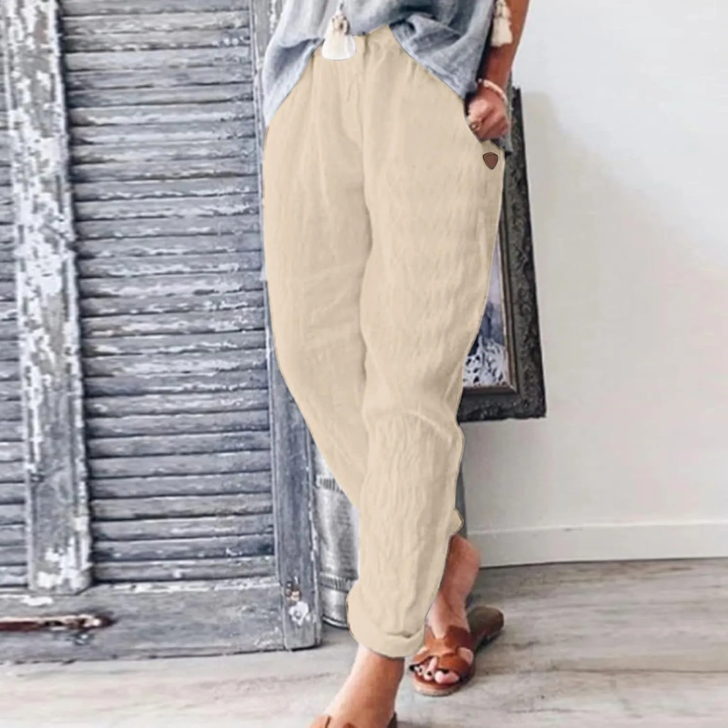 Women's Cotton Linen Pants Lightweight Quick Dry Palazzo Pants Casual Elastic Waist Lounge Crop Pants Trousers Pocket