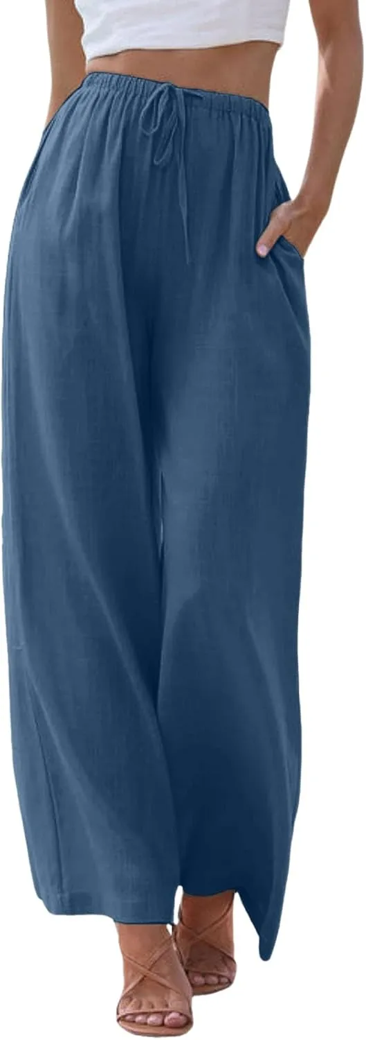 Womens Cotton Linen Wide Leg Palazzo Pants Drawstring Elastic Waisted Casual Summer Beach Flowy Trousers with Pockets