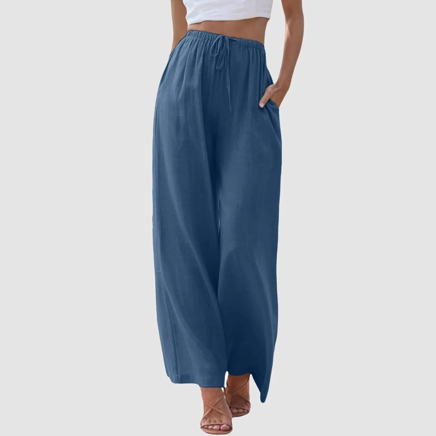 Womens Cotton Linen Wide Leg Palazzo Pants Drawstring Elastic Waisted Casual Summer Beach Flowy Trousers with Pockets