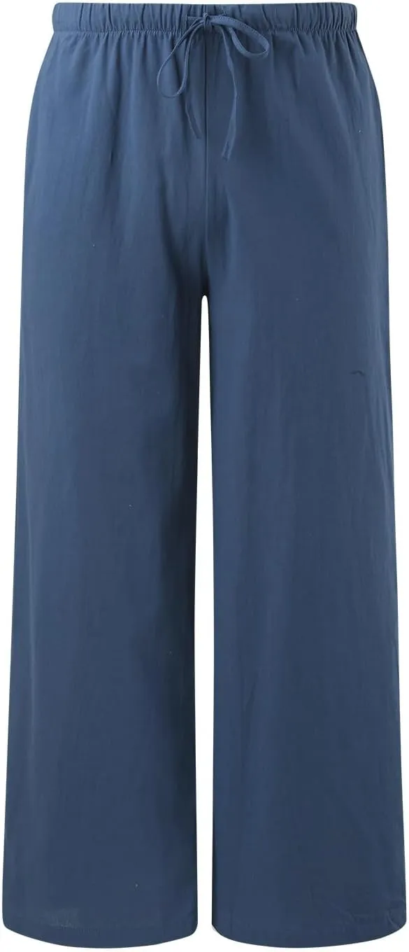 Womens Cotton Linen Wide Leg Palazzo Pants Drawstring Elastic Waisted Casual Summer Beach Flowy Trousers with Pockets
