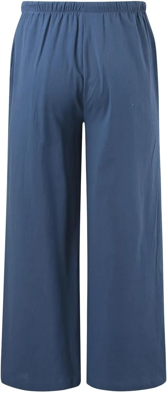 Womens Cotton Linen Wide Leg Palazzo Pants Drawstring Elastic Waisted Casual Summer Beach Flowy Trousers with Pockets