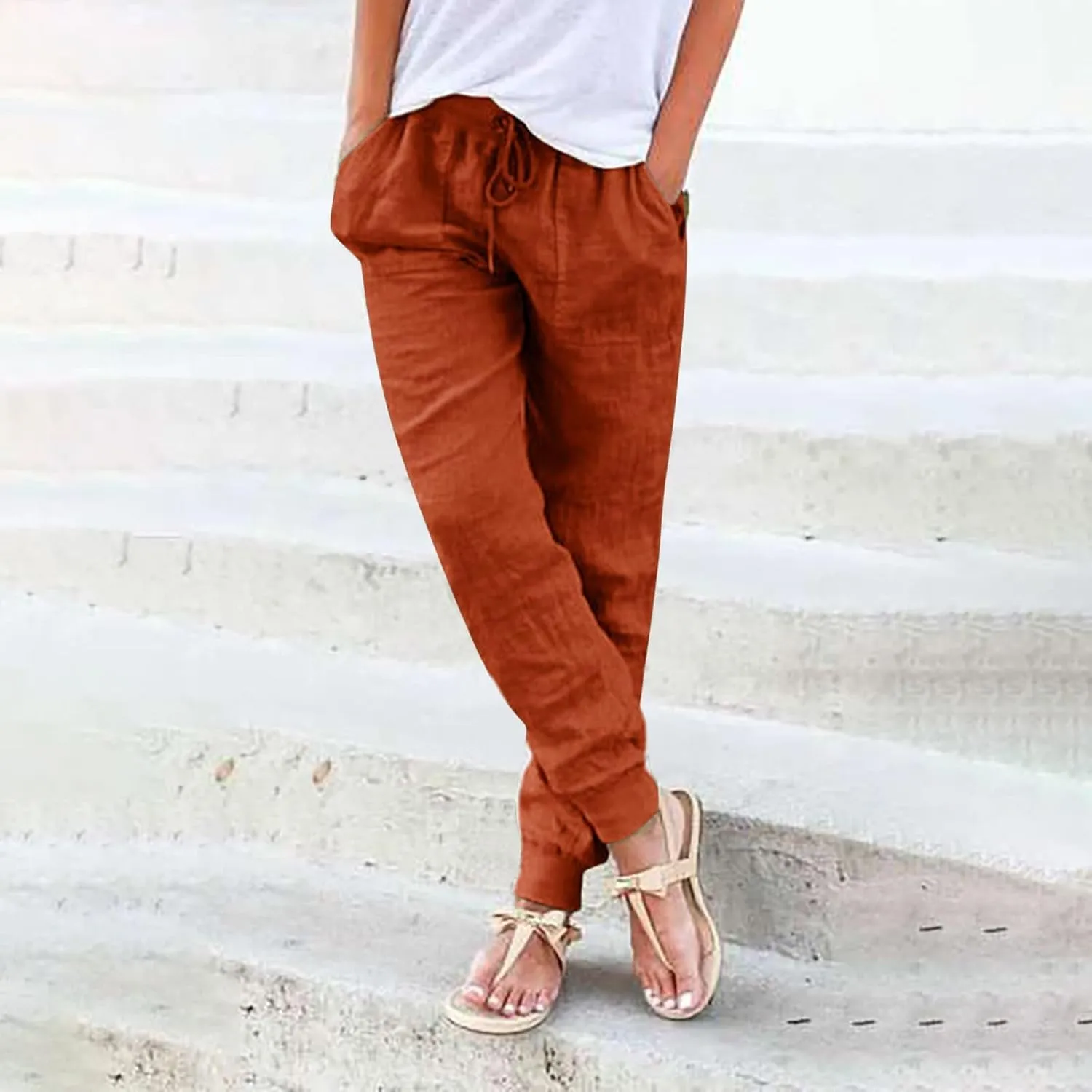 Womens Fashion Linen Pants Casual Straight Summer Drawstring Loose Lightweight Trousers with Pockets