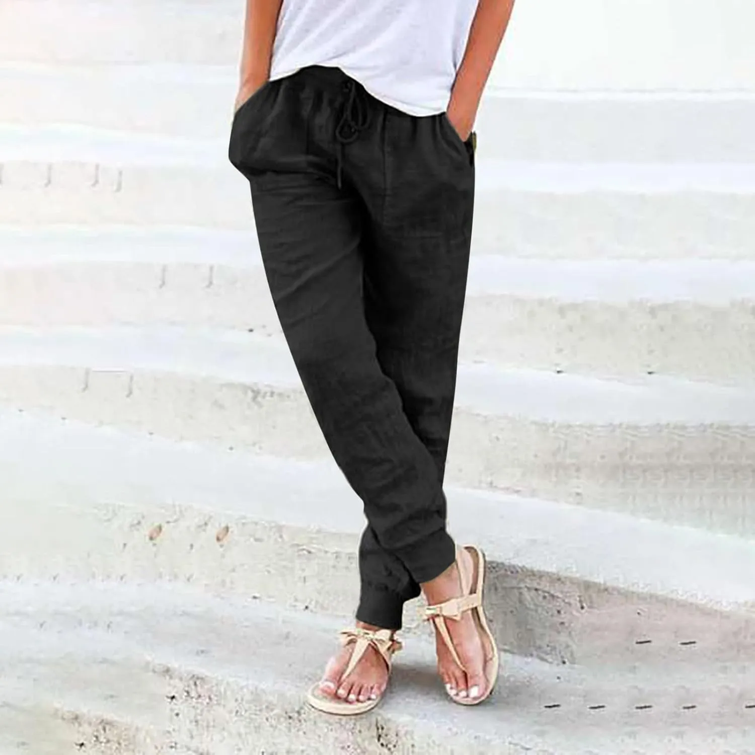 Womens Fashion Linen Pants Casual Straight Summer Drawstring Loose Lightweight Trousers with Pockets