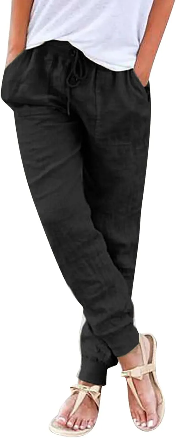 Womens Fashion Linen Pants Casual Straight Summer Drawstring Loose Lightweight Trousers with Pockets