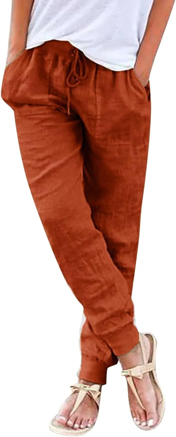 Womens Fashion Linen Pants Casual Straight Summer Drawstring Loose Lightweight Trousers with Pockets