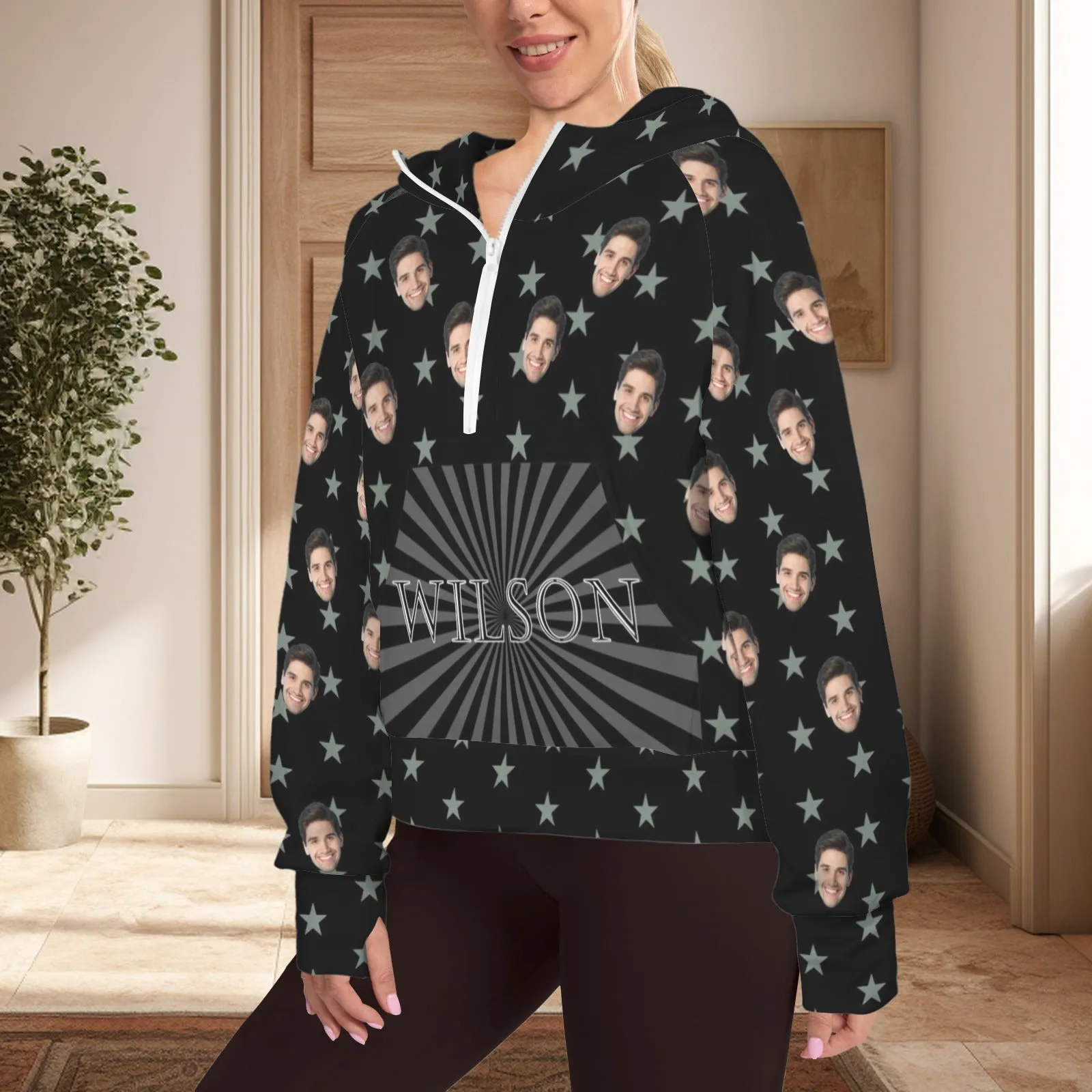 Women's Half Zip Cropped Hoodies Custom Face&Name Fleece Athletic Pullover Hoodies with Pockets Thumb Hole