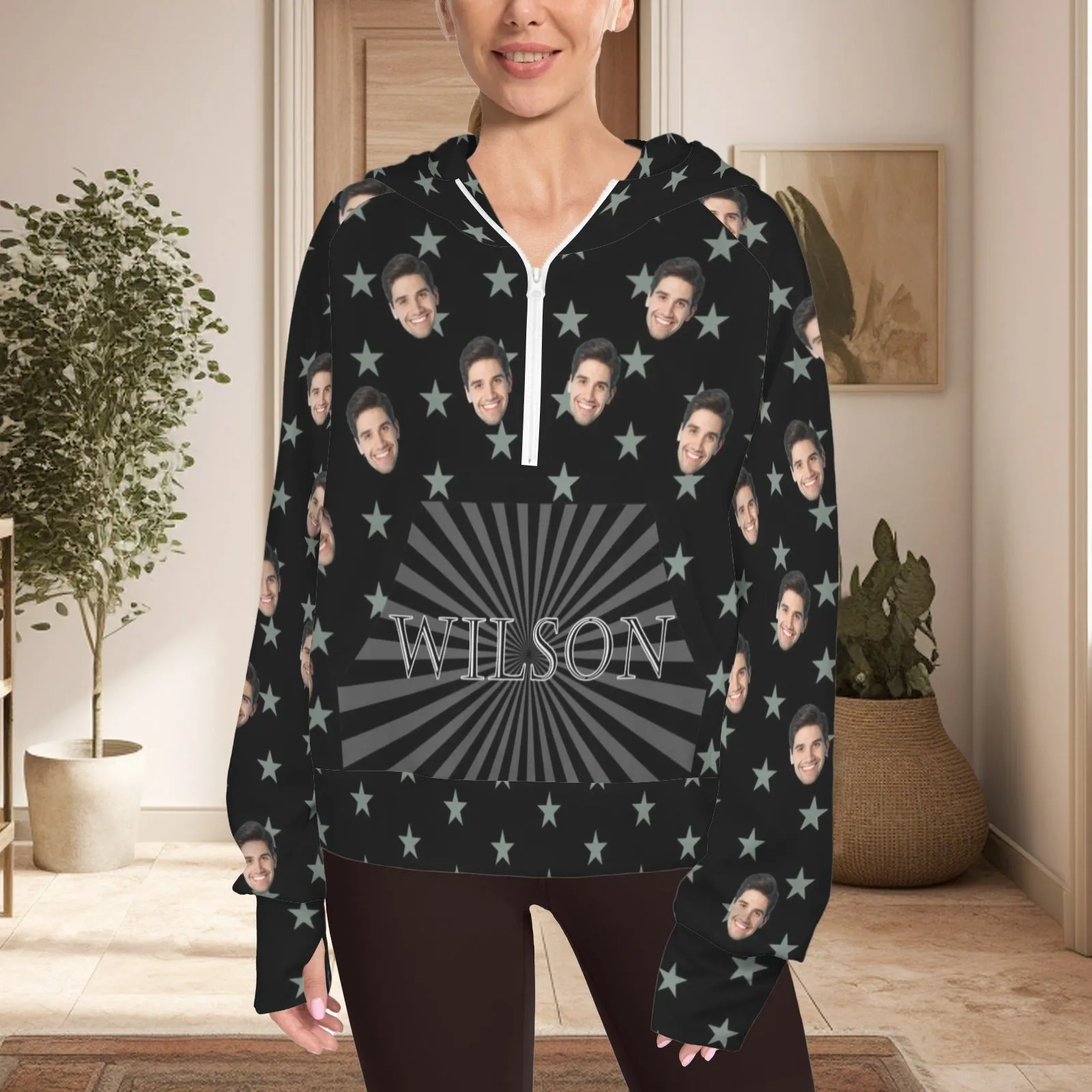 Women's Half Zip Cropped Hoodies Custom Face&Name Fleece Athletic Pullover Hoodies with Pockets Thumb Hole