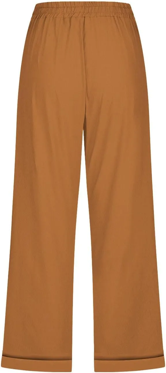 Women's Linen Pants Casual Lightweight Capris Drawstring Elastic Waist Cropped Pants Linen Short Trouser with Pockets
