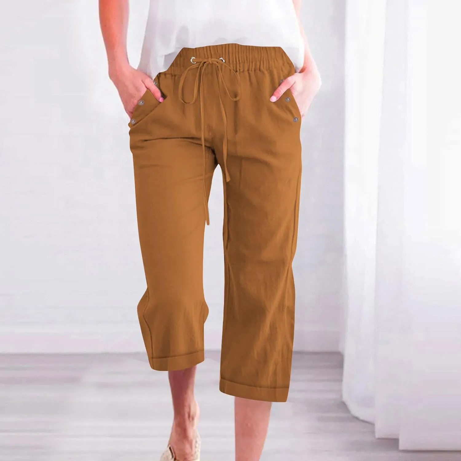 Women's Linen Pants Casual Lightweight Capris Drawstring Elastic Waist Cropped Pants Linen Short Trouser with Pockets