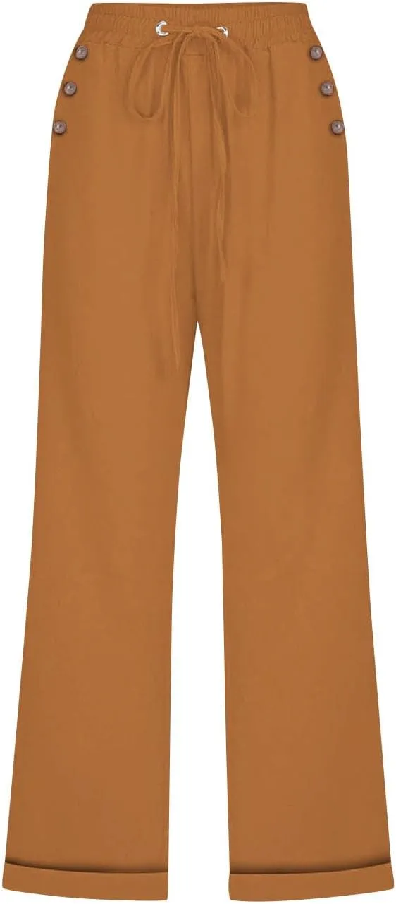 Women's Linen Pants Casual Lightweight Capris Drawstring Elastic Waist Cropped Pants Linen Short Trouser with Pockets