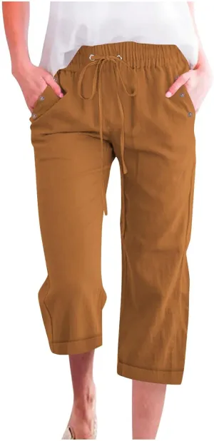 Women's Linen Pants Casual Lightweight Capris Drawstring Elastic Waist Cropped Pants Linen Short Trouser with Pockets