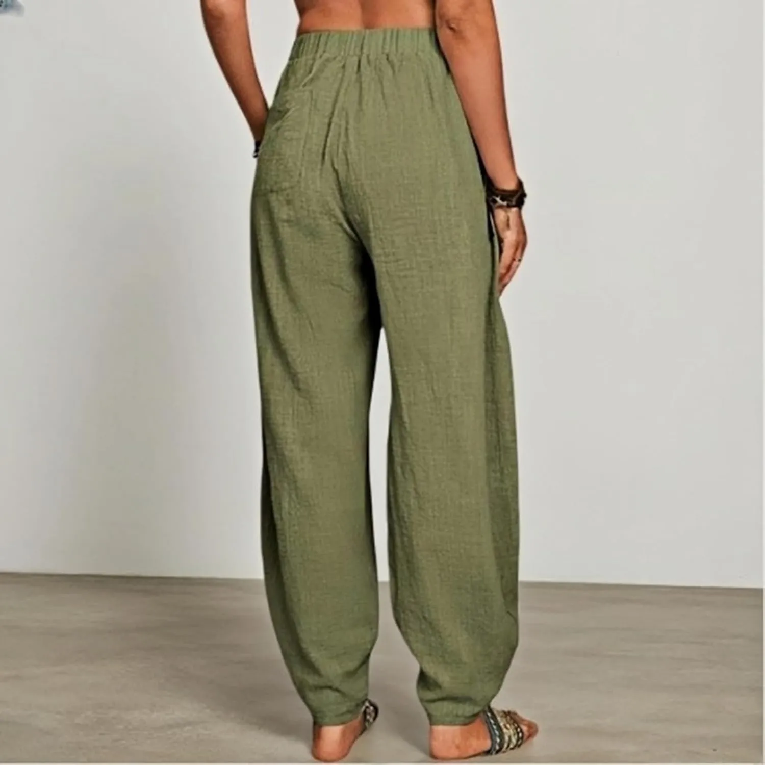 Womens Plus Size Linen Pants 2025 Casual Loose High Waisted Pants Beach Pants Summer Lounge Comfy Trousers with Pockets