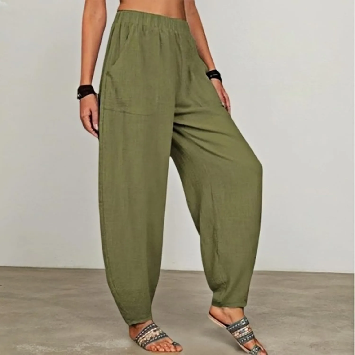 Womens Plus Size Linen Pants 2025 Casual Loose High Waisted Pants Beach Pants Summer Lounge Comfy Trousers with Pockets