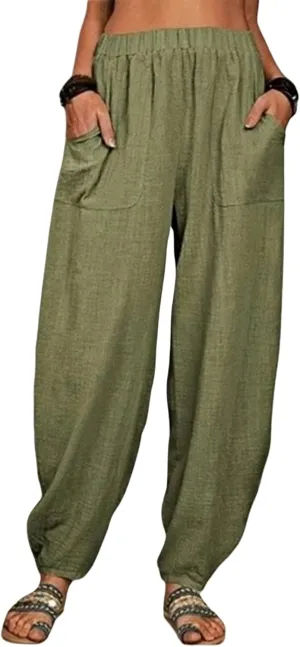 Womens Plus Size Linen Pants 2025 Casual Loose High Waisted Pants Beach Pants Summer Lounge Comfy Trousers with Pockets