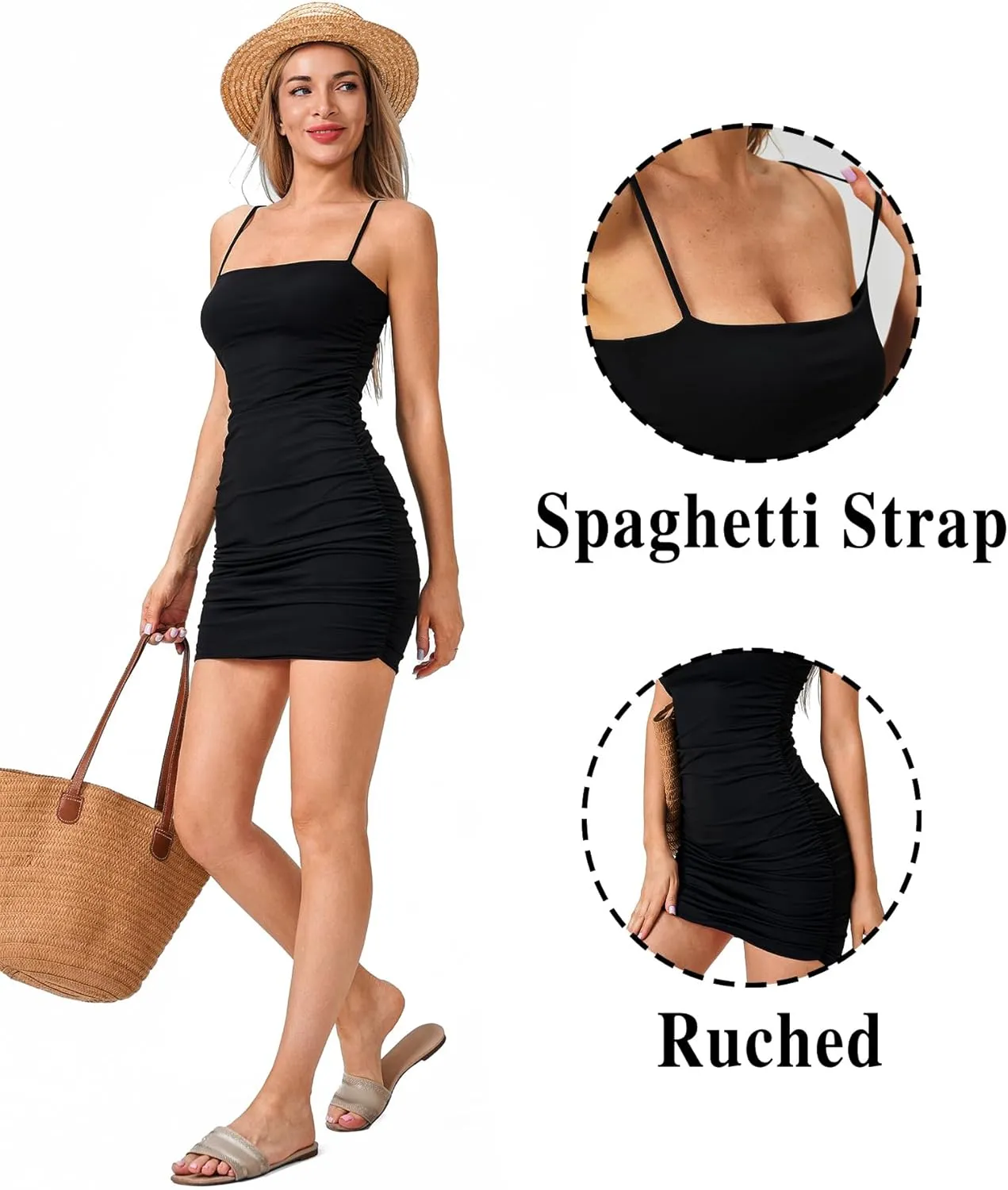 Women's Ruched Bodycon Mini Dress Double Layer Spaghetti Strap Party Night Club Dress