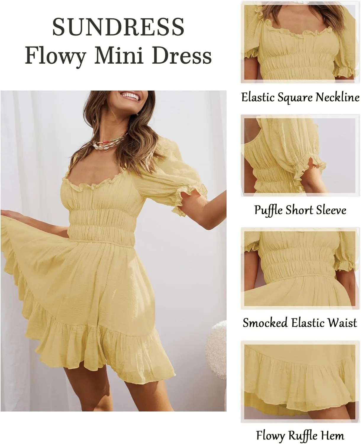 Women's Square Neck Puff Sleeve Mini Dresses Ruffle Elastic Waist A-Line Elegant Summer Casual Flowy Mini Dress