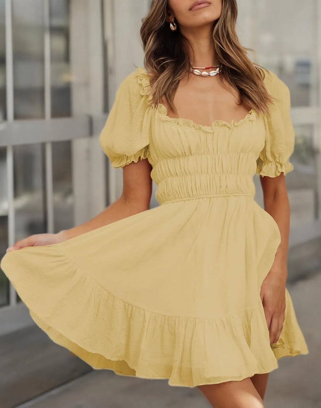 Women's Square Neck Puff Sleeve Mini Dresses Ruffle Elastic Waist A-Line Elegant Summer Casual Flowy Mini Dress