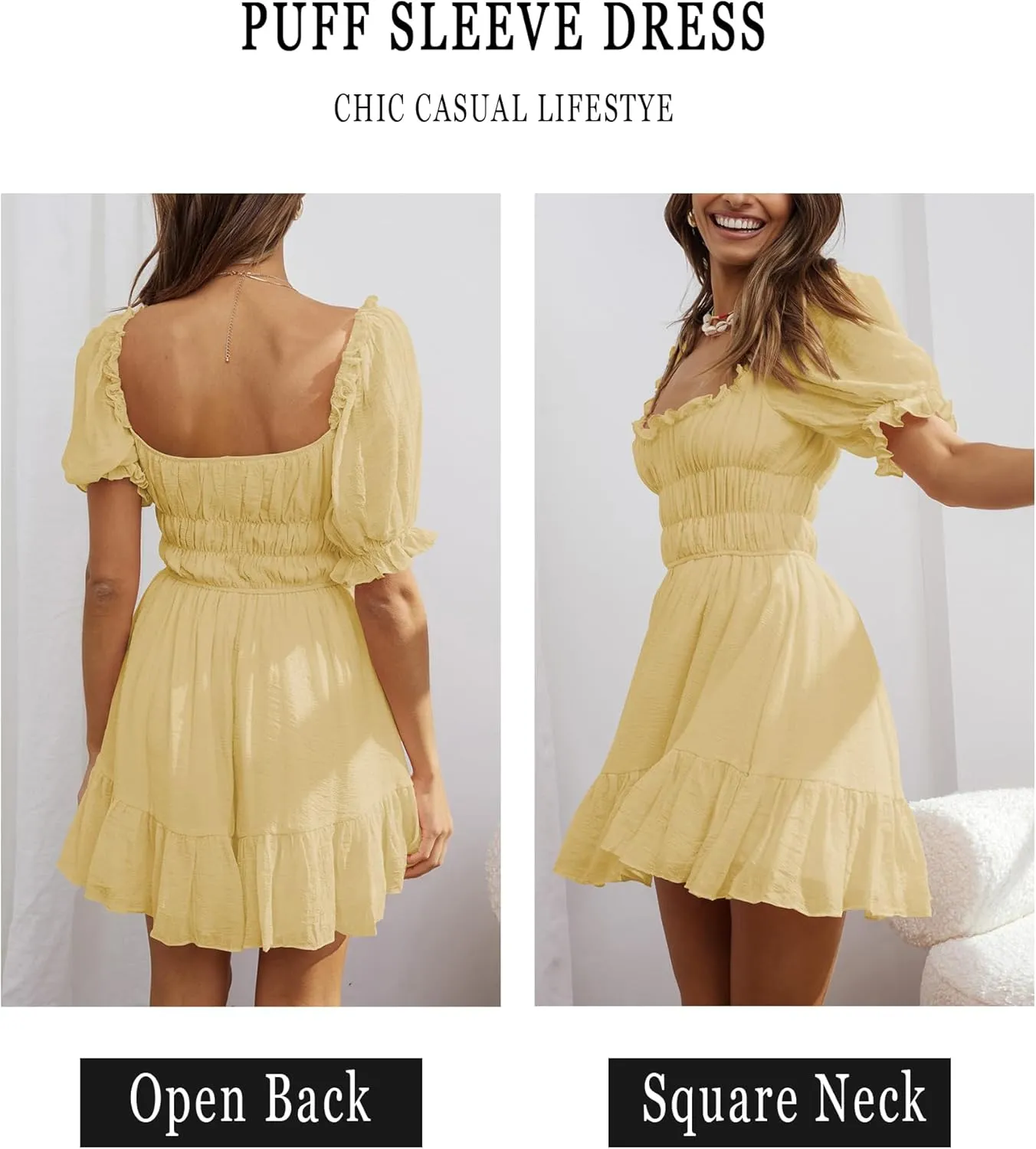 Women's Square Neck Puff Sleeve Mini Dresses Ruffle Elastic Waist A-Line Elegant Summer Casual Flowy Mini Dress