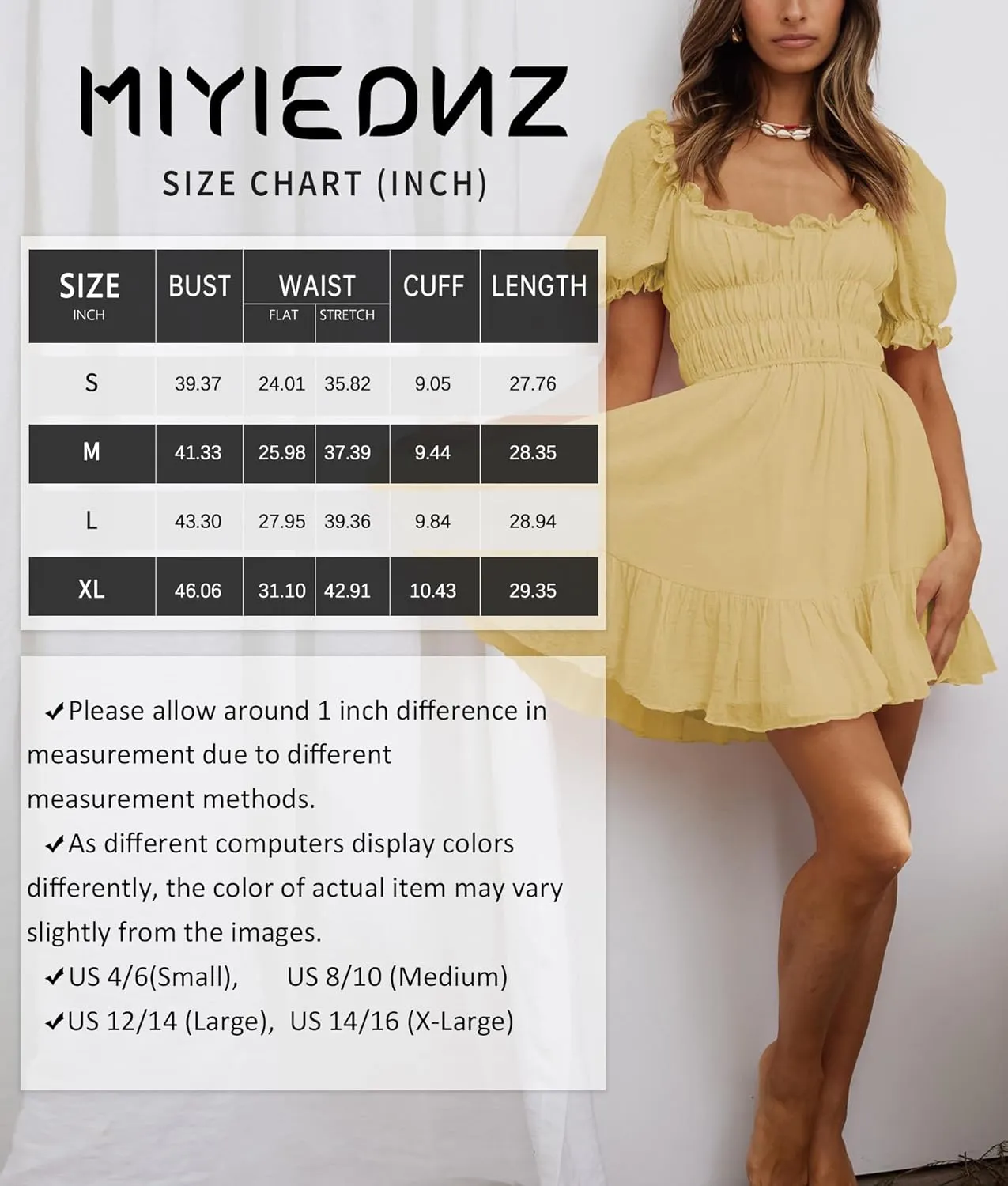 Women's Square Neck Puff Sleeve Mini Dresses Ruffle Elastic Waist A-Line Elegant Summer Casual Flowy Mini Dress