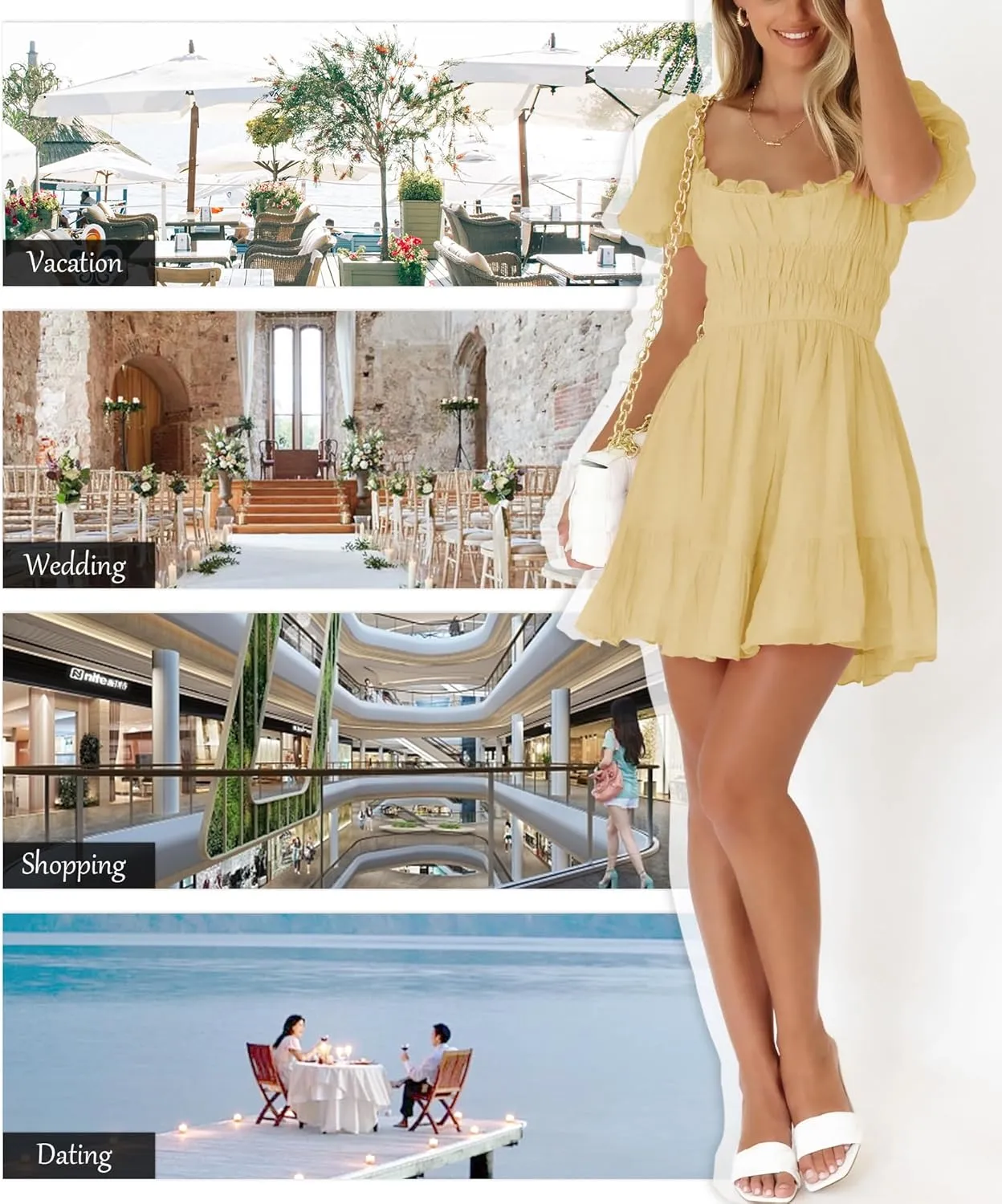 Women's Square Neck Puff Sleeve Mini Dresses Ruffle Elastic Waist A-Line Elegant Summer Casual Flowy Mini Dress