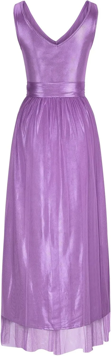 Women's V-Neck Slit Maxi Dress Sleeveless Pleated Tulle Elegant Formal Evening Gown for Party Wedding