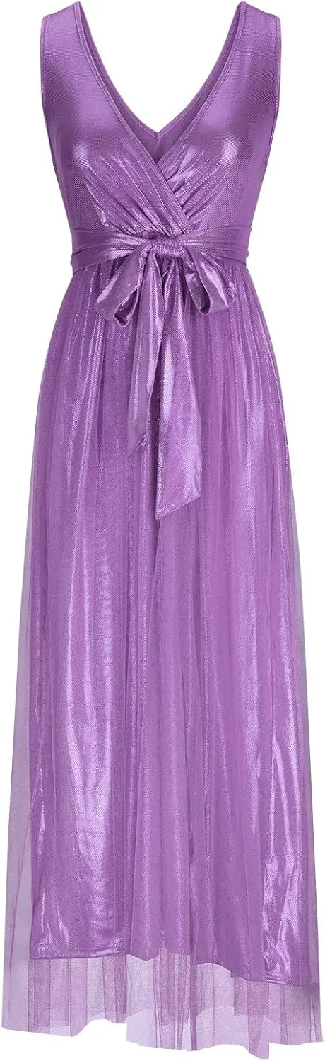 Women's V-Neck Slit Maxi Dress Sleeveless Pleated Tulle Elegant Formal Evening Gown for Party Wedding