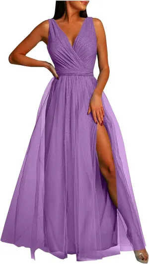Women's V-Neck Slit Maxi Dress Sleeveless Pleated Tulle Elegant Formal Evening Gown for Party Wedding