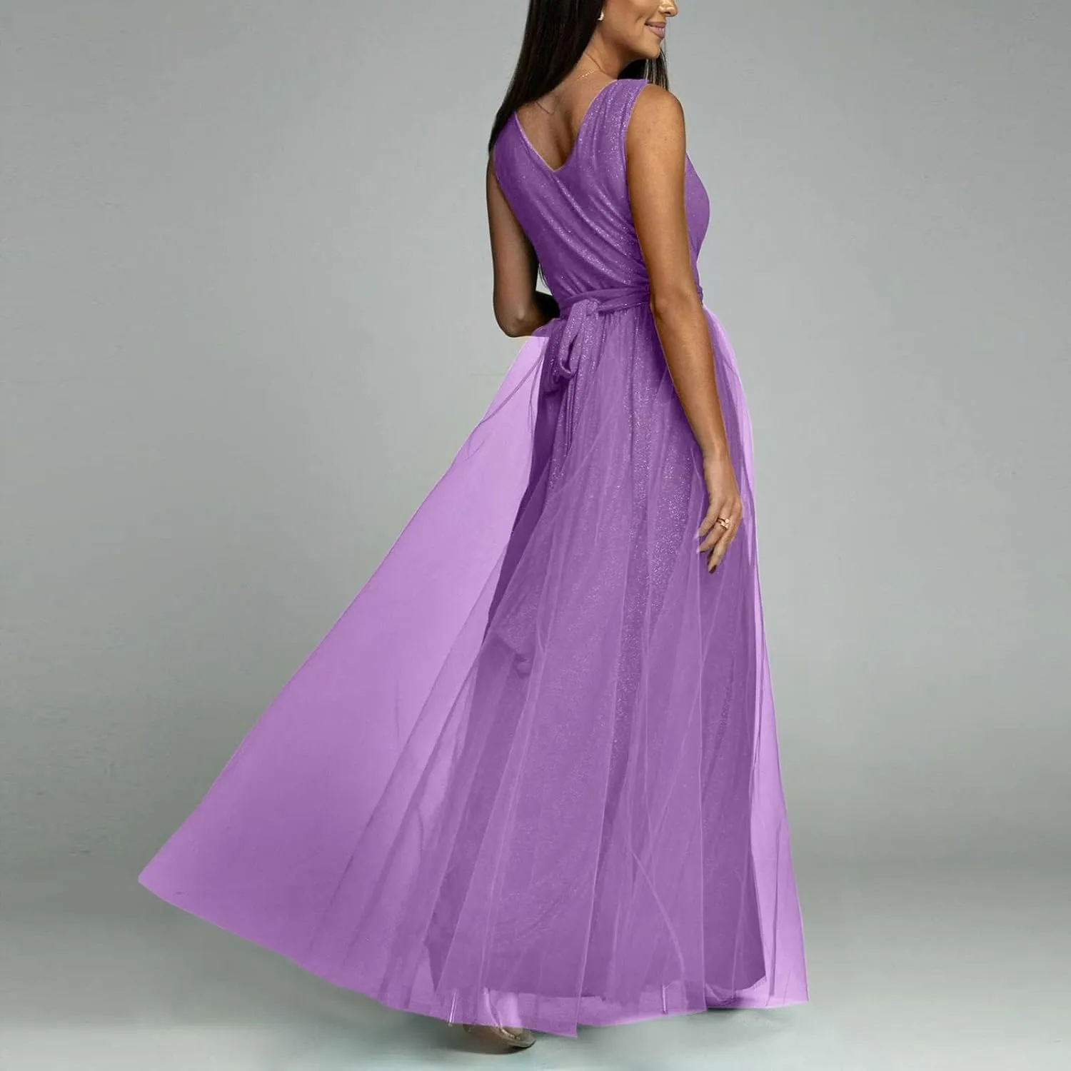 Women's V-Neck Slit Maxi Dress Sleeveless Pleated Tulle Elegant Formal Evening Gown for Party Wedding