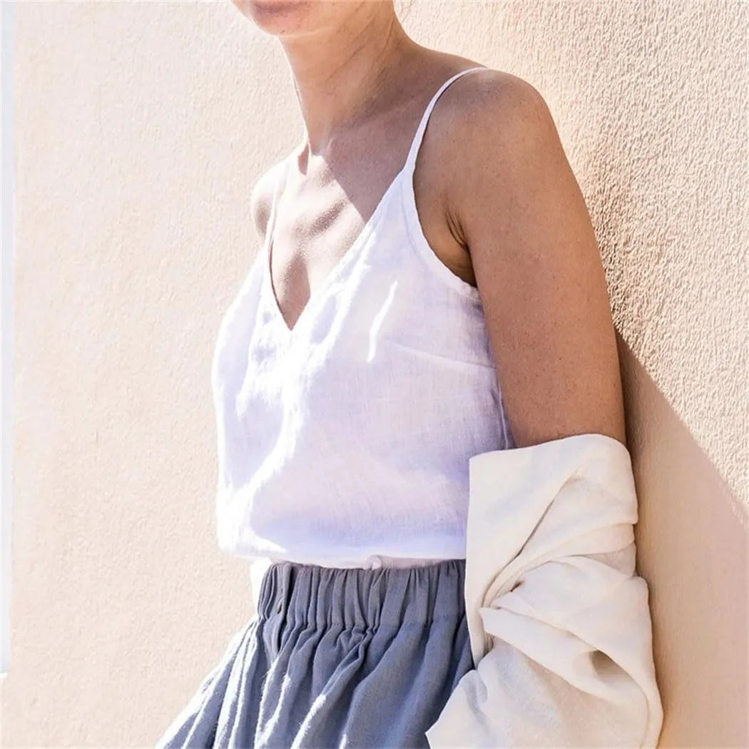 Women's Vintage Cotton-Linen Blend Camisole Breathable Sleeveless Tank Tops with Adjustable Boho-Chic Straps