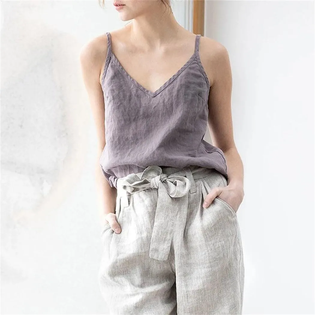 Women's Vintage Cotton-Linen Blend Camisole Breathable Sleeveless Tank Tops with Adjustable Boho-Chic Straps
