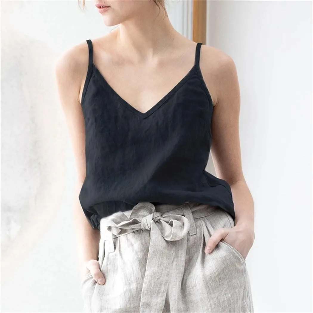 Women's Vintage Cotton-Linen Blend Camisole Breathable Sleeveless Tank Tops with Adjustable Boho-Chic Straps