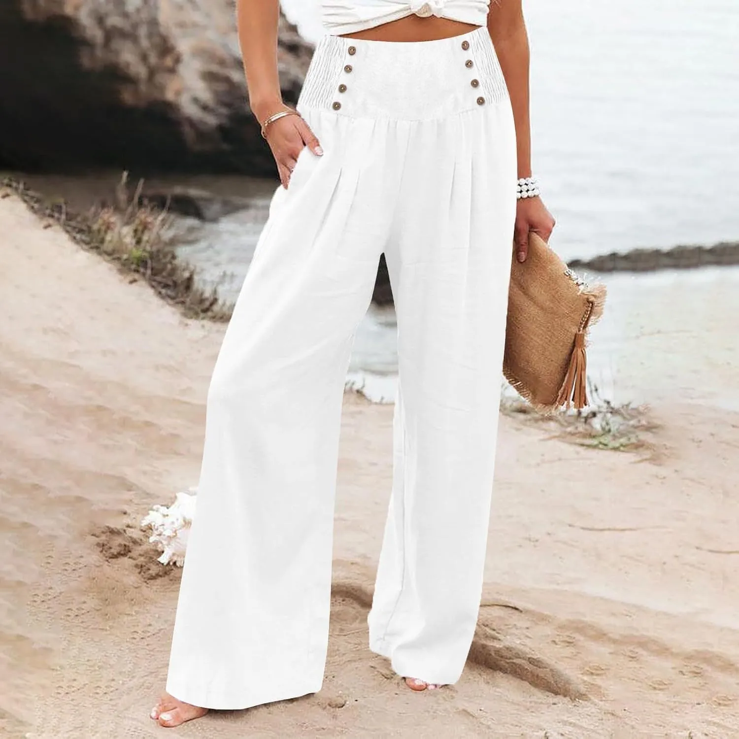 Womens Wide Leg Linen Pants High Waist Summer Casual Baggy Lounge Slacks Beach Boho Lightweight Trousers with Pockets