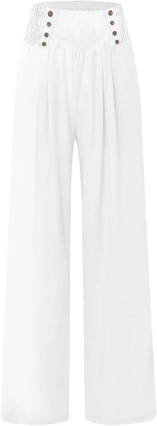 Womens Wide Leg Linen Pants High Waist Summer Casual Baggy Lounge Slacks Beach Boho Lightweight Trousers with Pockets