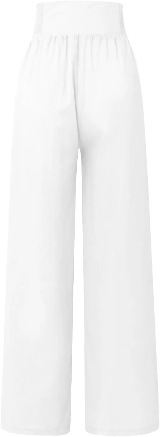 Womens Wide Leg Linen Pants High Waist Summer Casual Baggy Lounge Slacks Beach Boho Lightweight Trousers with Pockets
