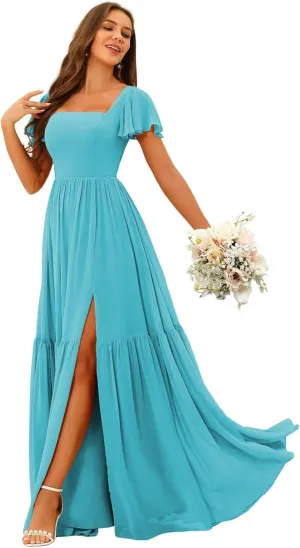 YOFF Square Neck Bridesmaid Dresses with Slit Flutter Sleeves Chiffon Long Maxi Formal Party Dresses with Pockets YO151