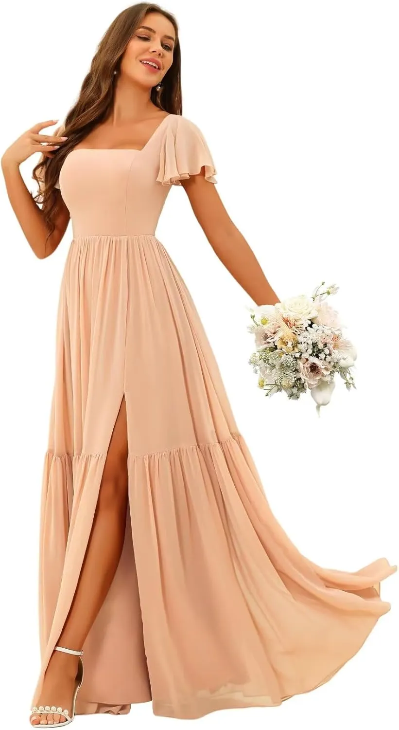 YOFF Square Neck Bridesmaid Dresses with Slit Flutter Sleeves Chiffon Long Maxi Formal Party Dresses with Pockets YO151