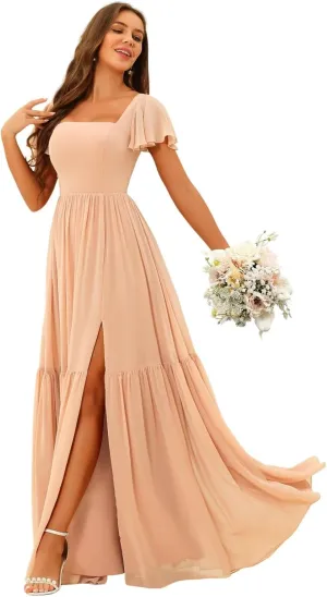 YOFF Square Neck Bridesmaid Dresses with Slit Flutter Sleeves Chiffon Long Maxi Formal Party Dresses with Pockets YO151