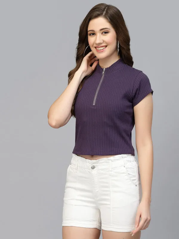 Zip Front Ribbed Crop Top For Women